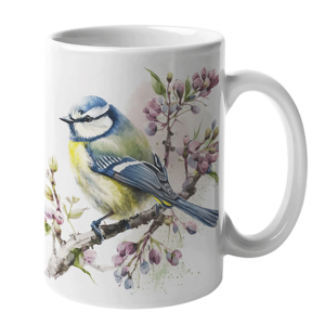 a Blue tit bird image printed on a white cup
