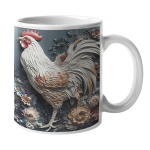 Rooster image printed on a white cup