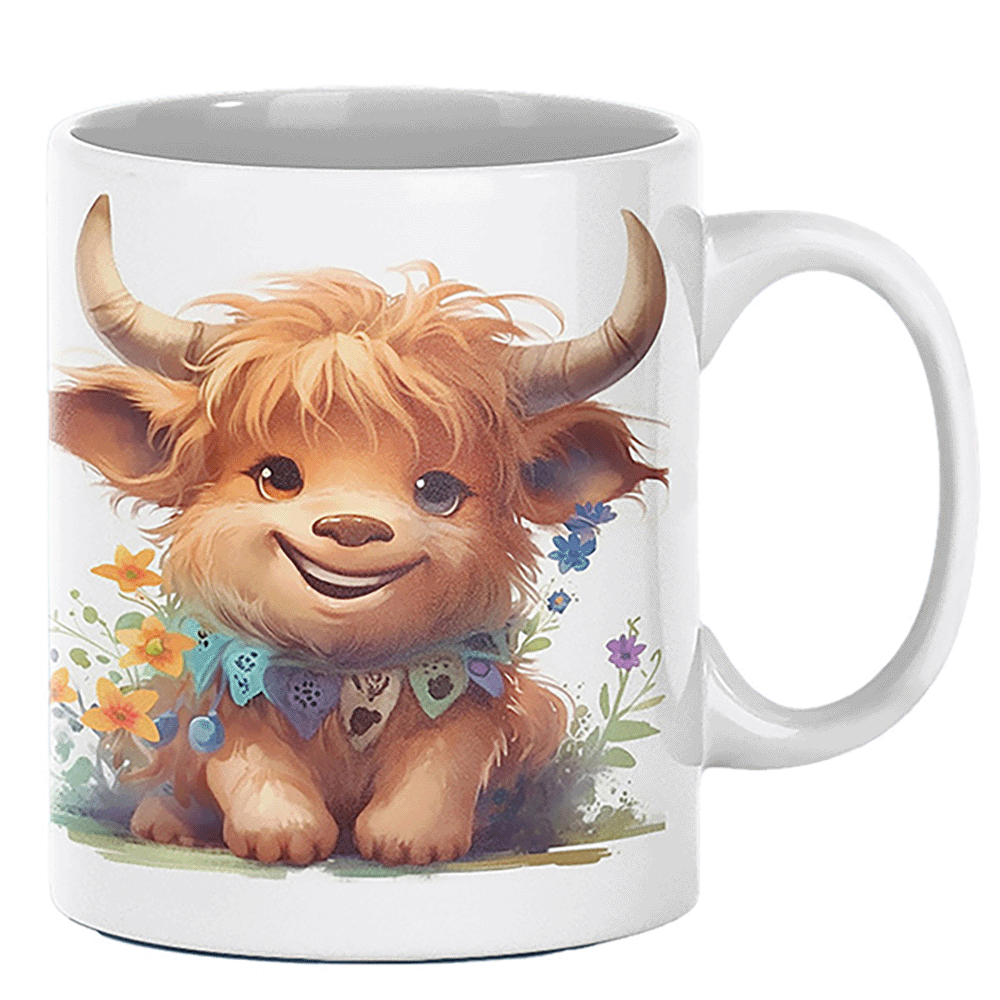 a laughing caw image imprinted on a white cup