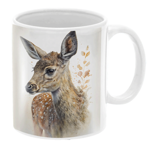 a deer image printed on a white cup