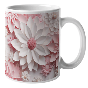 a flower image imprinted on a white cup
